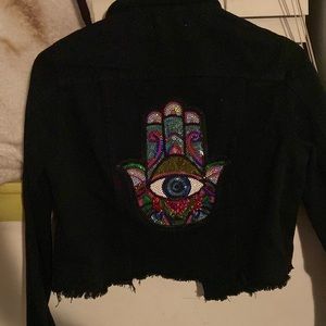 Black denim jacket size large no stretch made for a smaller build up cycled